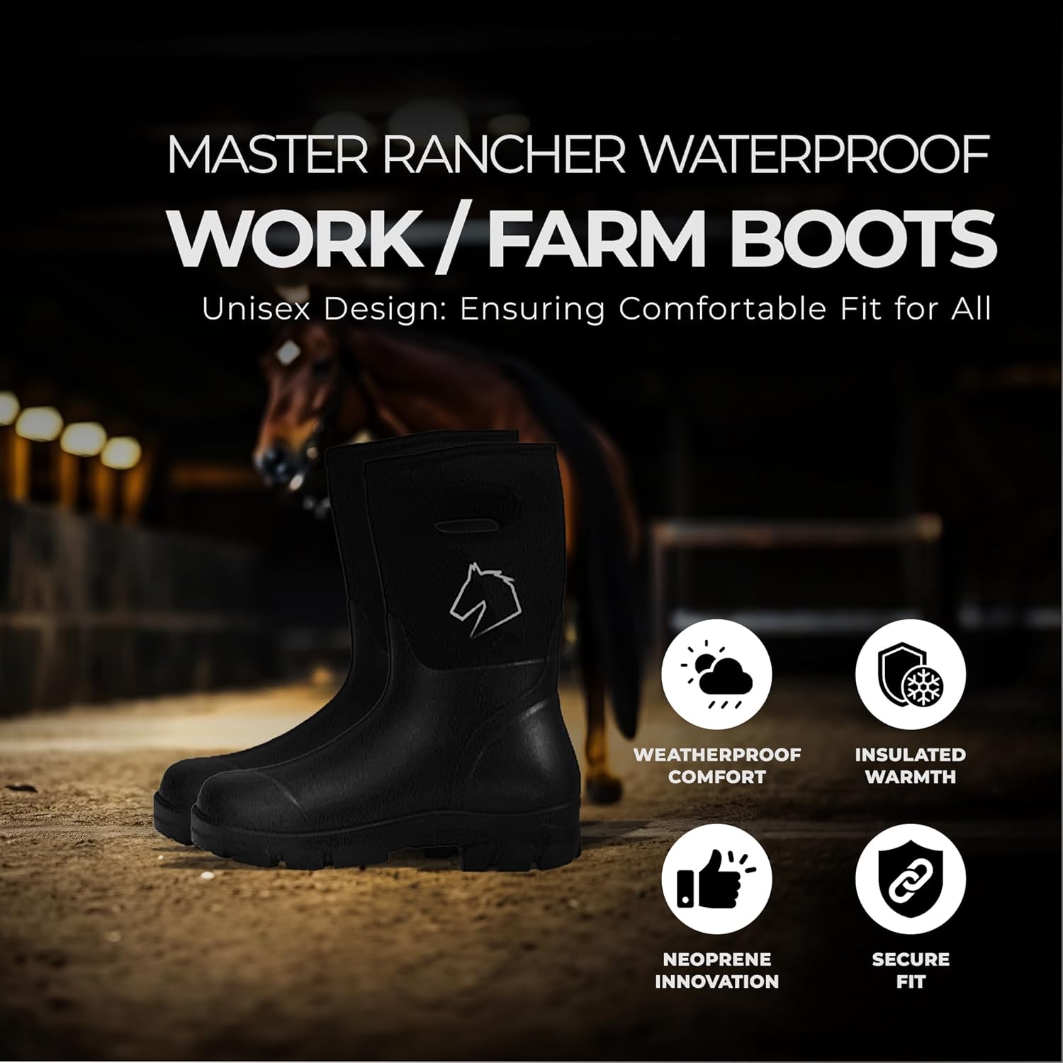 Master Rancher Work or Farm Boots Unisex Men's 13 Women's 15 Resistant To Water Heavy Duty Molded Rubber Sole for Rugged Terrain, Black - Image 3