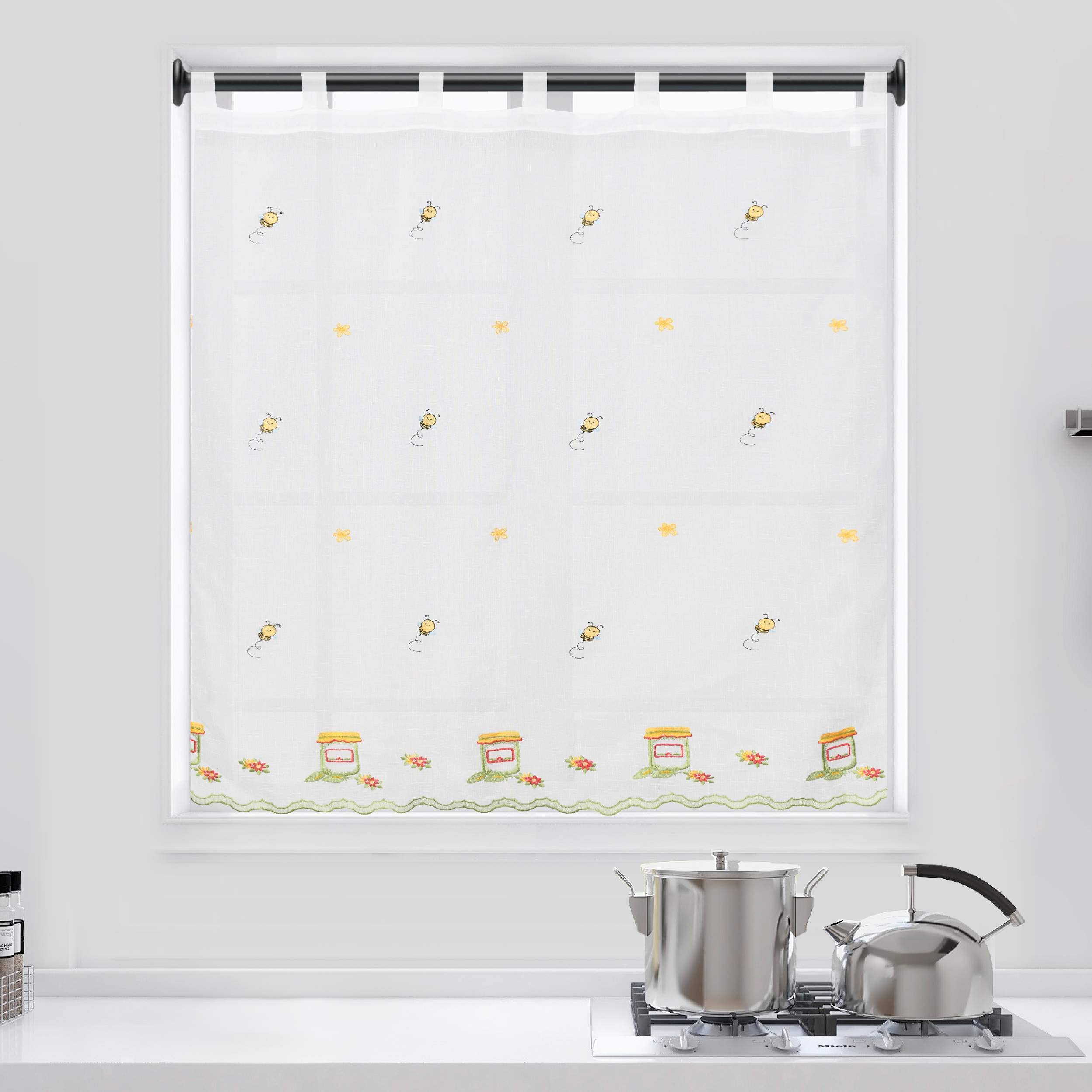 Dalina Textil - Cortina de Cocina Translúcido con Bordado, Cortina Media Altura para Cocina, Comedor, Marco de Puerta Tejido Gasa Fina(1 Pieza 140 x 140 cm, Abejas)