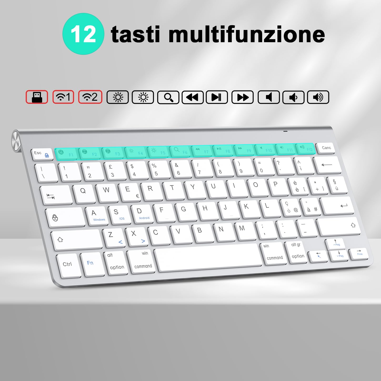 PINKCAT Tastiera wireless, Tastiera Bluetooth &2.4G Layout Italiano QWERTY con tasti multimediali, adatta per PC, laptop, Mac OS, Macbook pro/air, Windows (Argento)