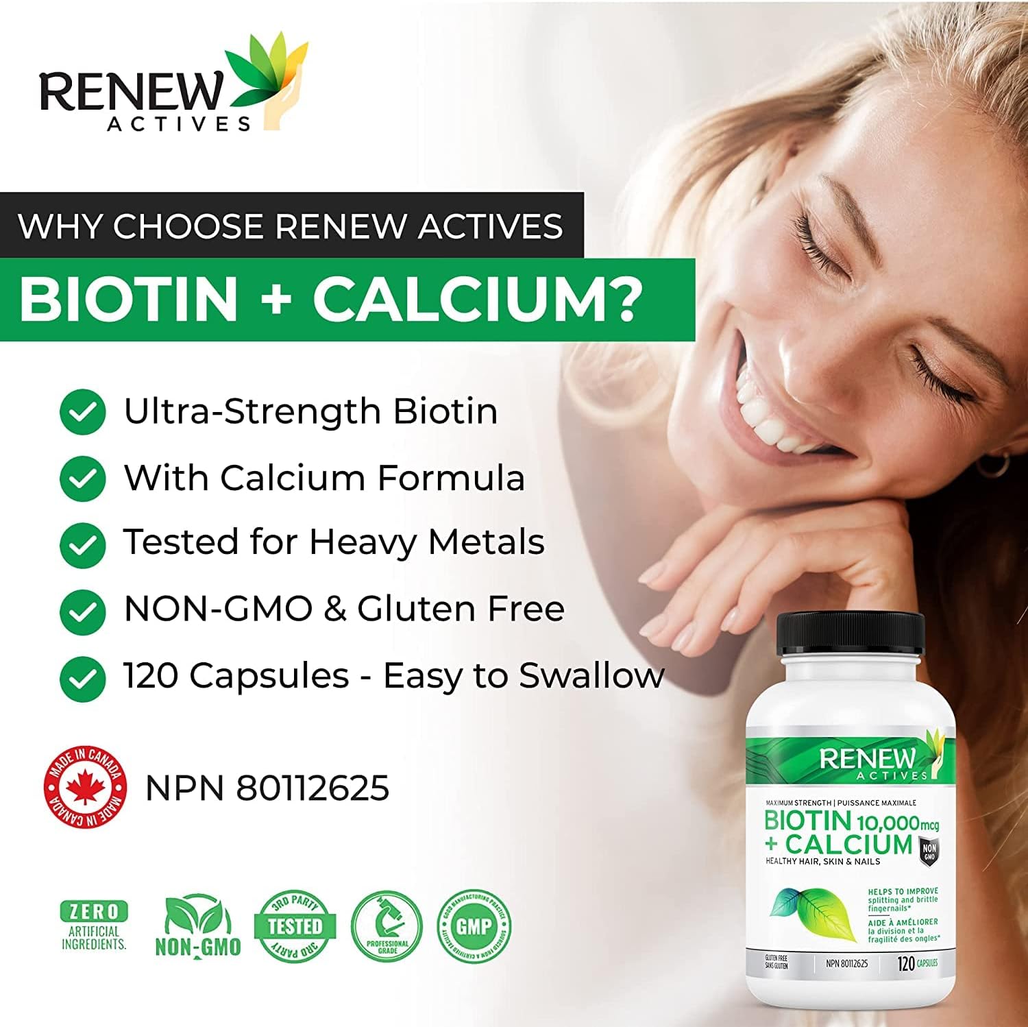 New! Renew Actives Biotin & Calcium 10000mcg Supplement! Potent Biotin for Healthy Hair Skin & Nails! - Added Calcium for Stronger Bones Joints, and Teeth - 120 Vegan Capsules. Made in Canada! : Health & Household