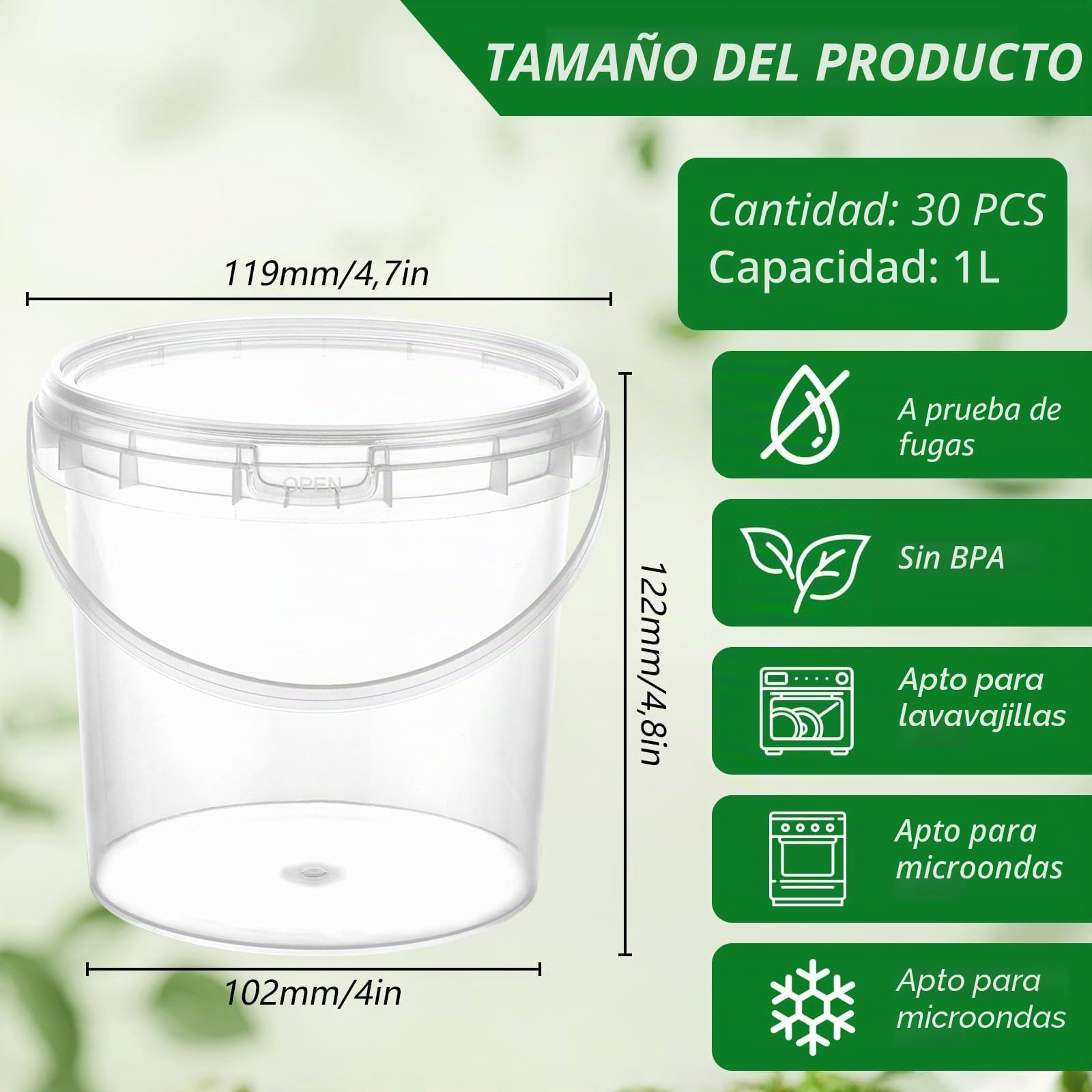 YAYODS 30 cubos con tapa, 1 L, herméticos, de polipropileno, recipientes de plástico reutilizables con tapa, a prueba de fugas, vasos de plástico para alimentos, vasos de plástico con tapa para sopas