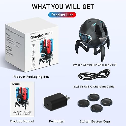Vista 2 de Joy-Con - Base de carga para Nintendo Switch con adaptador de CA y cable USB-C, estación de carga Joy-Cons de bolas de nieve Paobas con indicador LED