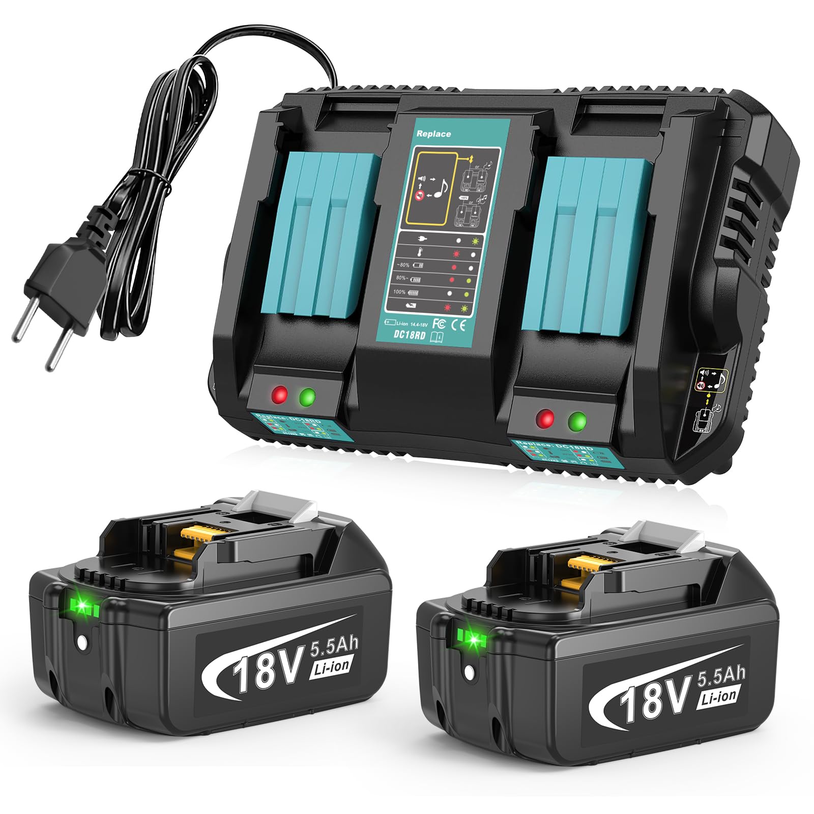 ASUNCELL Lot de 2 batteries 5,5 Ah et 2 ports de chargeur pour Makita LXT, compatibles avec toutes les batteries Makita 14,4 V-18 V Li-Ion BL1815, BL1830, BL1850, BL1430