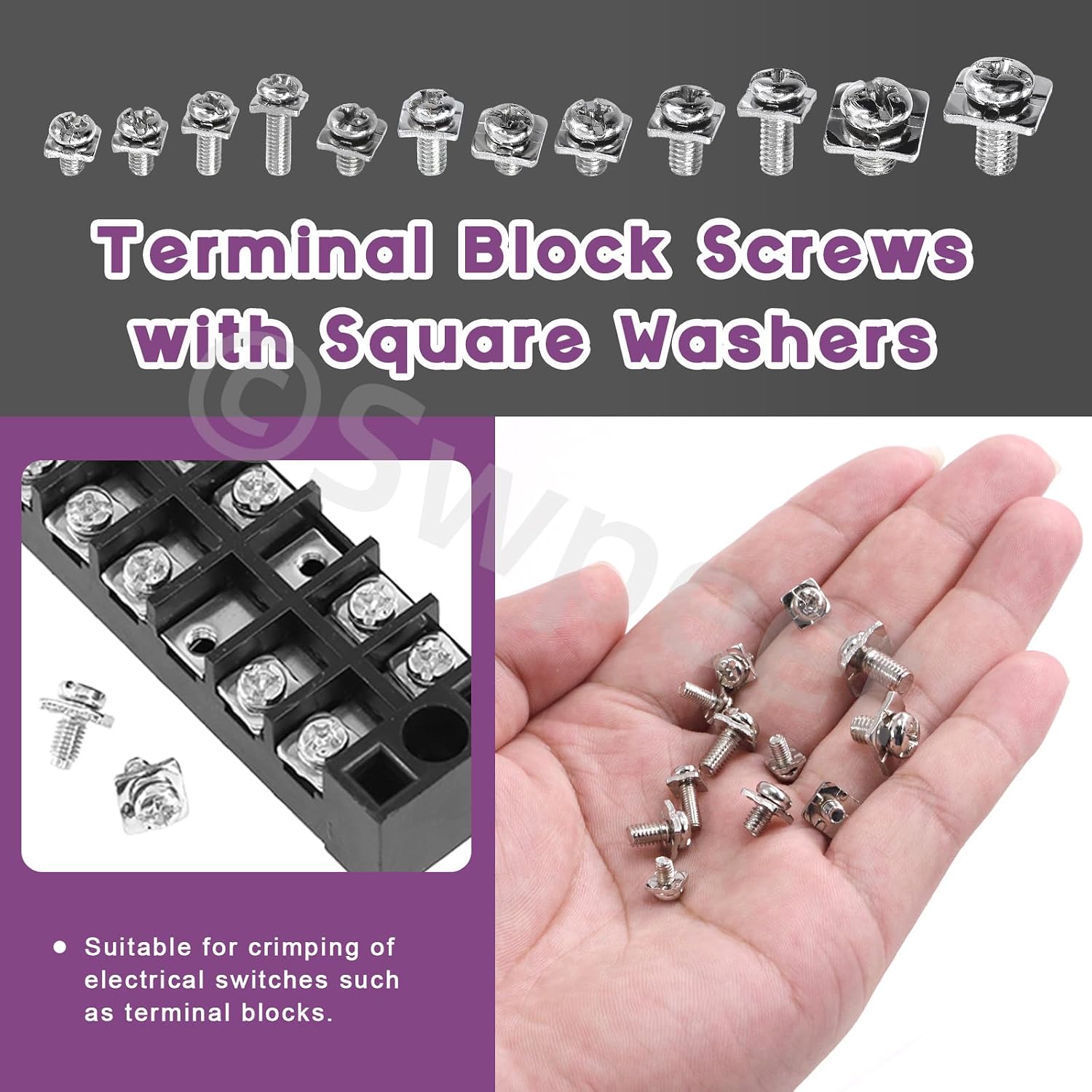 Swpeet 240Pcs 12 Sizes M3 M3.5 M4 M5 Carbon Steel Terminal Block Screws with Square Washers Assortment Kit, Nickel Plated Carbon Steel Terminal Block Screws for Fix Wires in Electrical Facilities