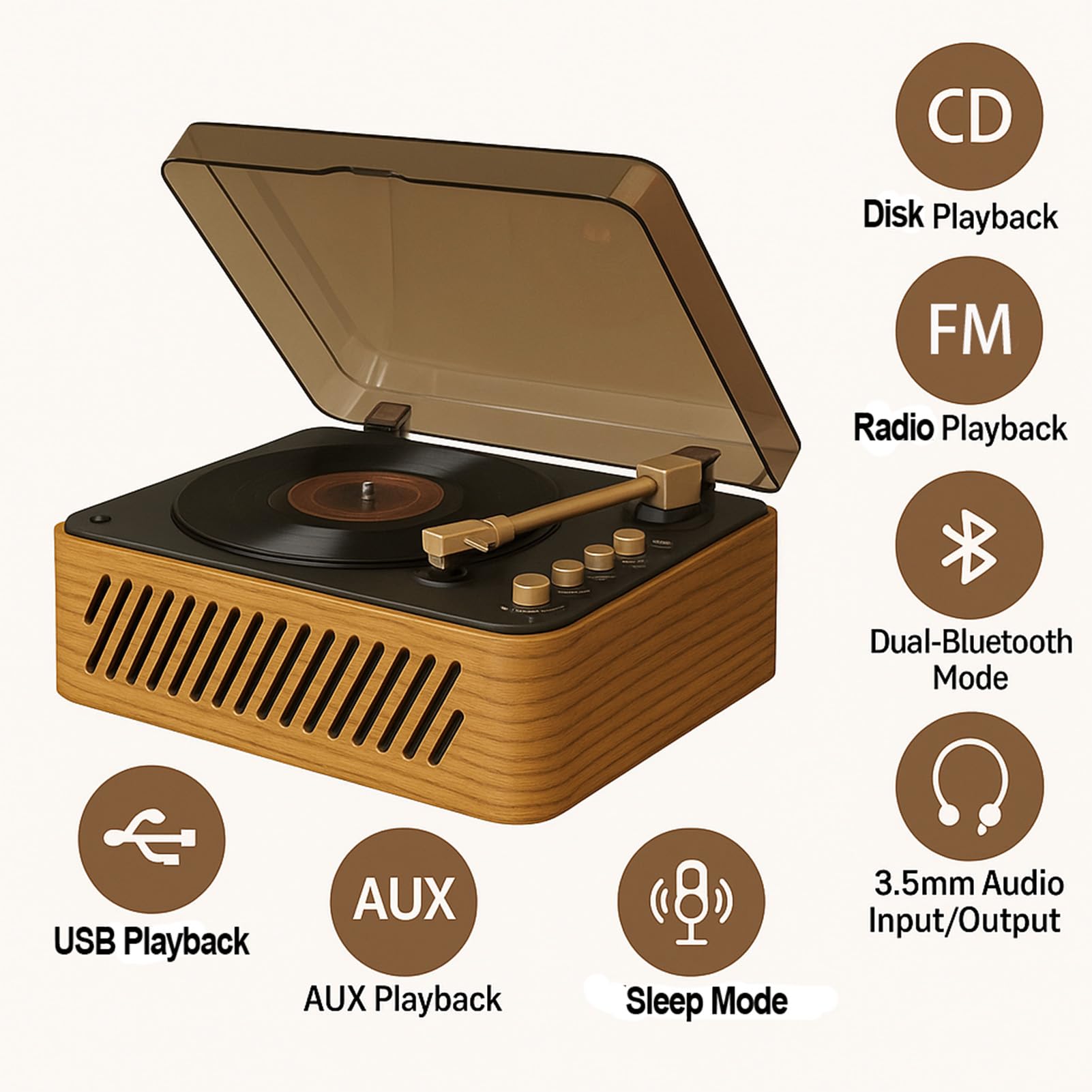 Retro CD Player with Speakers, Bluetooth Portable CD Player for Home & Car, FM Radio, AUX/USB, Remote Control, Wooden Design – Ideal Gift (Retro-Gold)