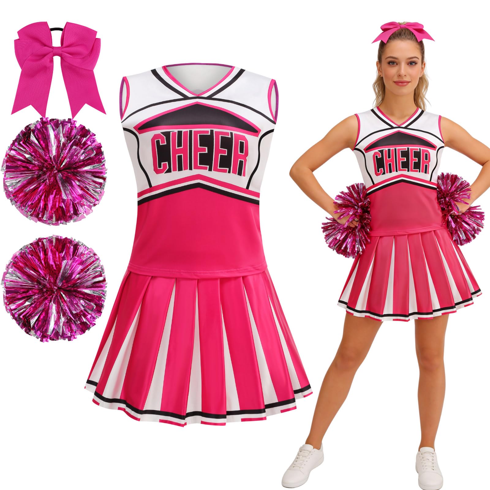 maxToonrain Women Cheerleader Costume 5 PCS Classic Style Adults Cheerleader Outfit with Pom Poms, Top, Skirt, Stockings and Headband for 2026 High School Musical Events Halloween (Pink, S)