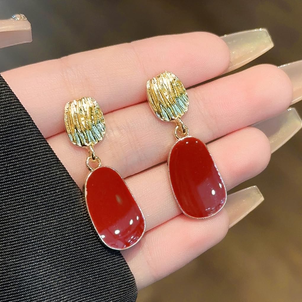 Burgundy Enamel Oval Dangle Earrings for Women Vintage Gold Hammered Geometric Drop Statement Earrings Retro Dripping Oil Earrings Red Fashion Jewelry - Image 5