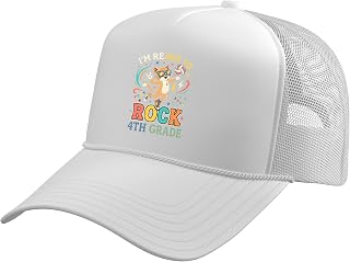 I'm Ready to Rock Fourth Grade Cat Student Back to School Trucker Hat with Adjustable Mesh Back