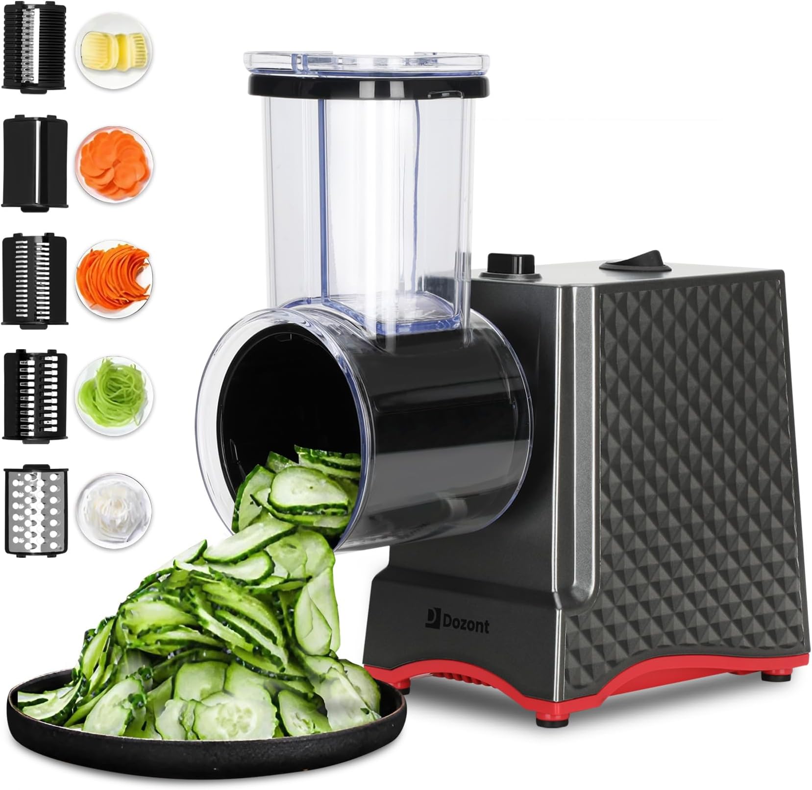 2024 Upgraded Electric Cheese Grater, 250W Electric Cheese Shredder for Carrot,Vegetable,Potato.Electric Salad Shooter with 5 Blades, Enlarged Inlet and Dispenser, Great for Kitchen