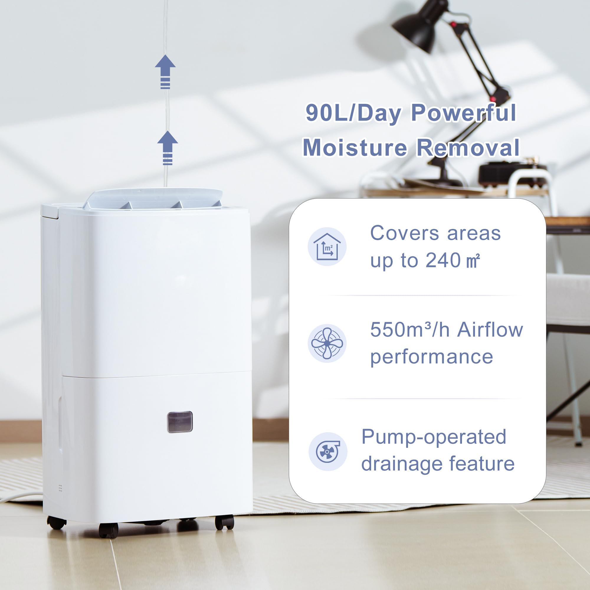 Katenpo Deumidificatore Portatile Elettrico Professionale: Pompe Acqua 5M 90L/Giorno 240㎡ Silenzioso 43dB per Anti-Muffa Casa Ufficio Garage Cantina Grandi Spazi Umidi Famiglie