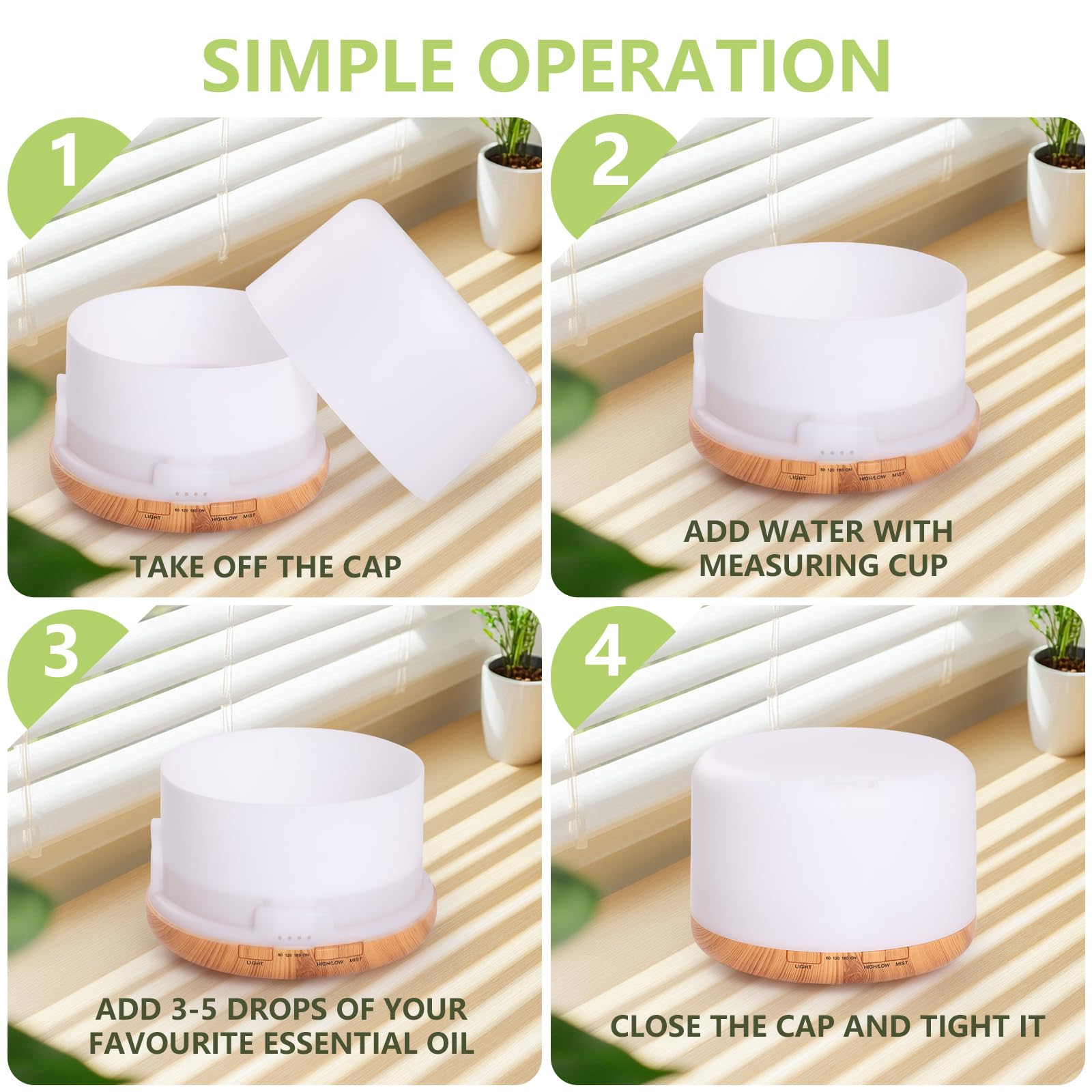 WD&CD Diffusore di Aromi, 1000ml Umidificatore Ultrasuoni con Telecomando/7 LED Colori/Spegnimento Automatico, Diffusore di Oli Essenziali per Spa, Venatura Del Legno Chiaro