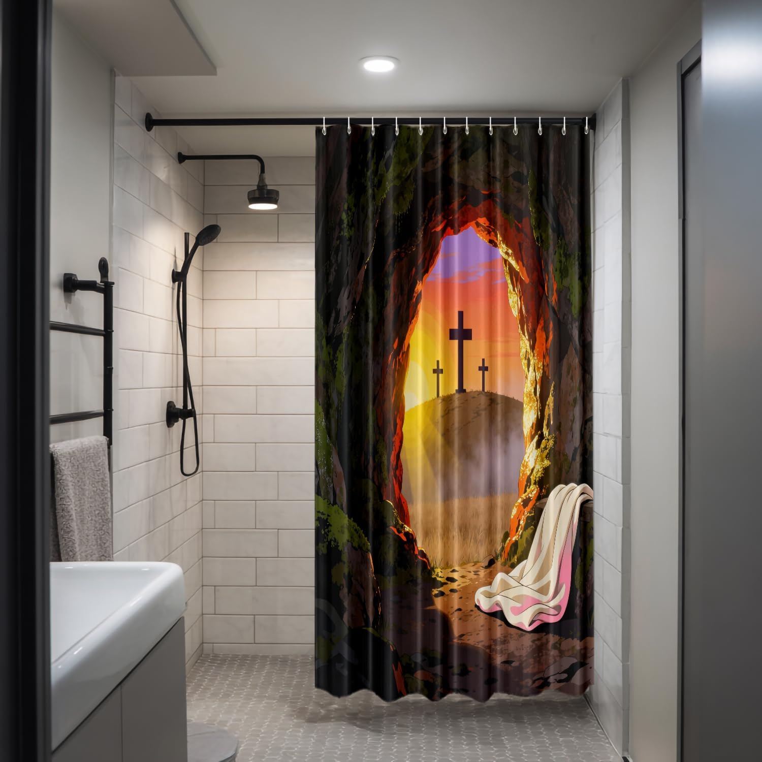 Sunrise Jesus Decorative Shower Curtain, Jesus is Risen Christian Easter Decor Shower Curtain for Shower Stall Bathroom Resistant Waterproof Standard Size 72x72 Inch