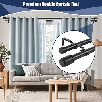 1 Inch Double Curtain Rod 30 to 124 Inch Heavy Duty Double Curtain Rods for Windows Adjustable Telescoping Double Curtain Pole for Bedroom Kitchen Office Living Room (Black)