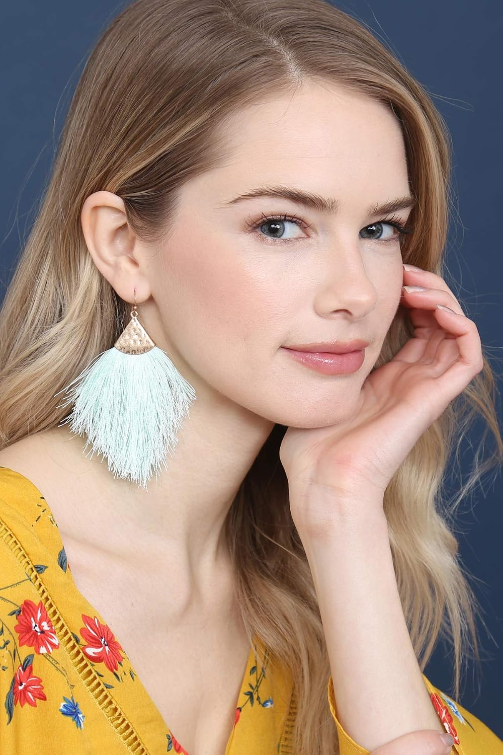 Bohemian Silky Thread Fan Fringe Tassel Statement Earrings - Lightweight Strand Feather Shape Dangles image 2