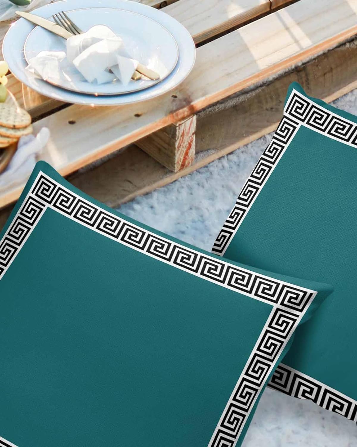 Chucoco Black White Geometric Outdoor Waterproof Throw Pillow Cover Abstract Greek Key Art Decorative Pillows Cushion Covers Teal 2 Pack Pillow Cases for Patio Garden Balcony Couch Sofa 20x20In