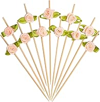 Vista 1 de Minisland Palillos de cóctel de flores de rosa rosa, palillos de bambú de 4.7 pulgadas de largo para aperitivos, decoración de despedida de soltera