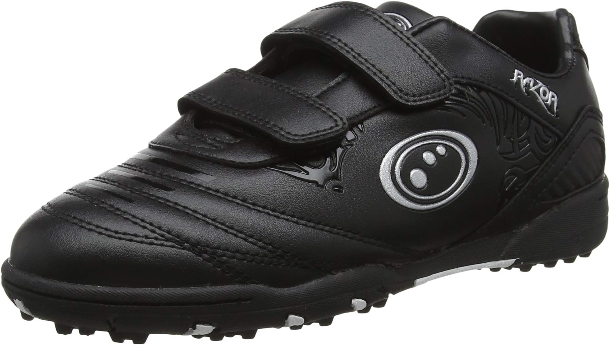 Unisex Kids' Razor Football Boots | Flat Moulded Turf Outsole | Easy Fastening Astro Trainers | PU Leather | Flexible & Comfortable Fit | Black/Silver | Size Multi Sizes