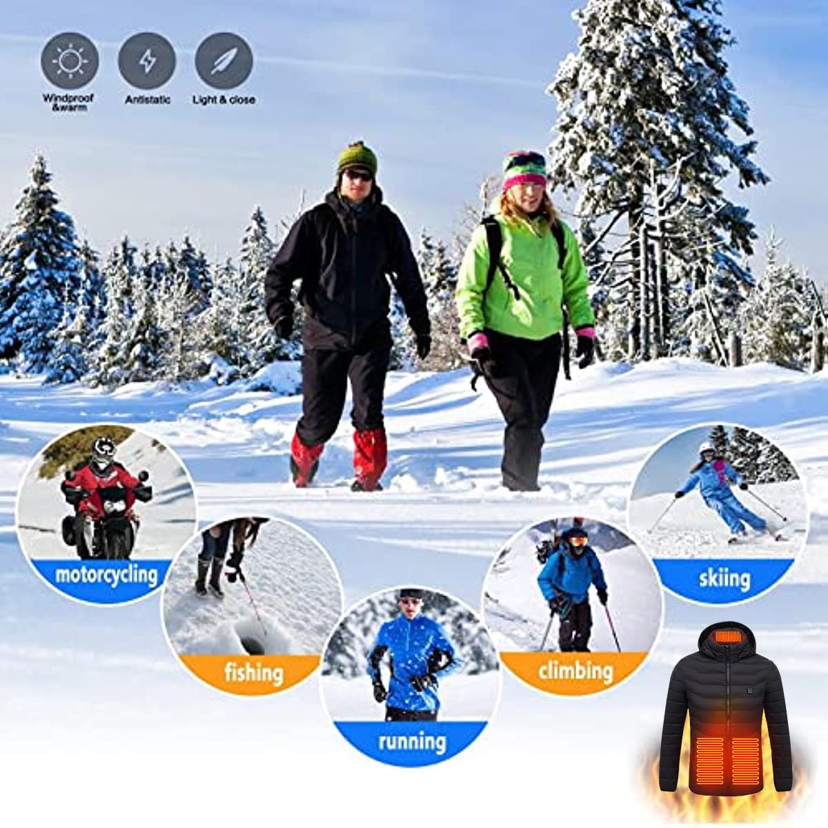 scosao Heated Jacket Rechargeable Heated Coat 8 Heat Zones for Women and Men with Detachable Hood Winter Outdoor Warm Jackets