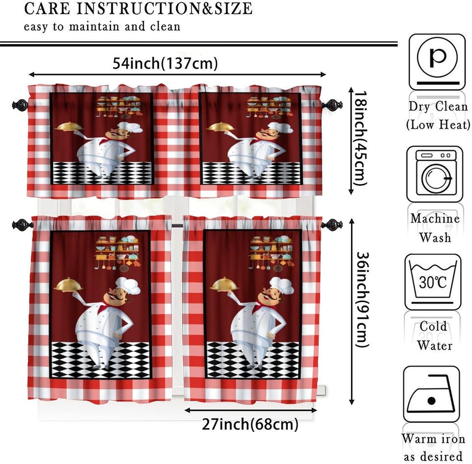 Chef Window Curtain Valances,Fat Chef Cook Theme Vintage Red and White Buffalo Check Printed Small Window Treatments for Kitchen Living Room Decor Rod Pocket Valances 54x18 & 27x36x2, 3 Panel