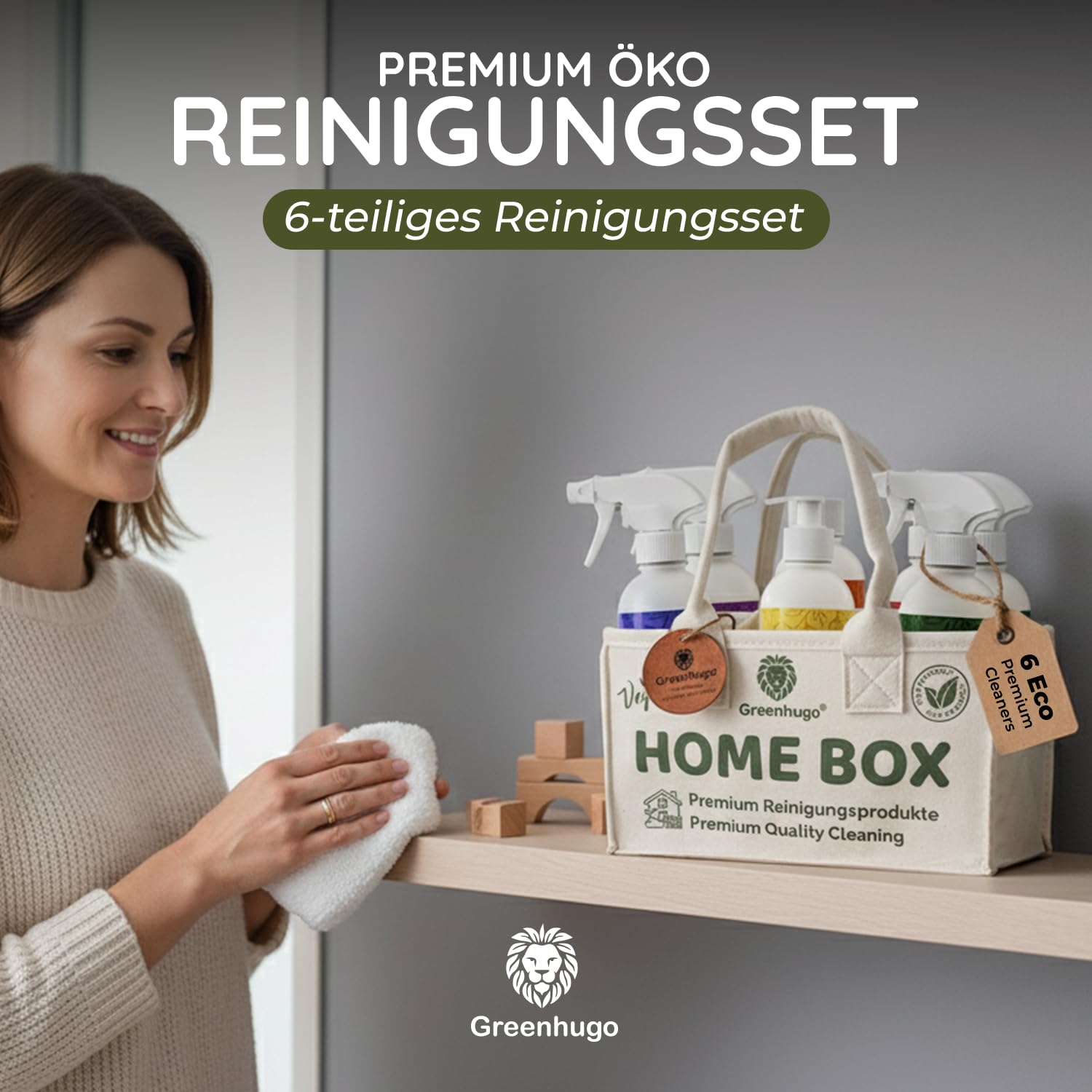 Home Box – Juego de limpieza premium, 6 piezas, ecológico y vegano, uso general, detergente, limpiador de baño y inodoro, limpiador de cristales, limpiador de suelos, aceite perfumado para