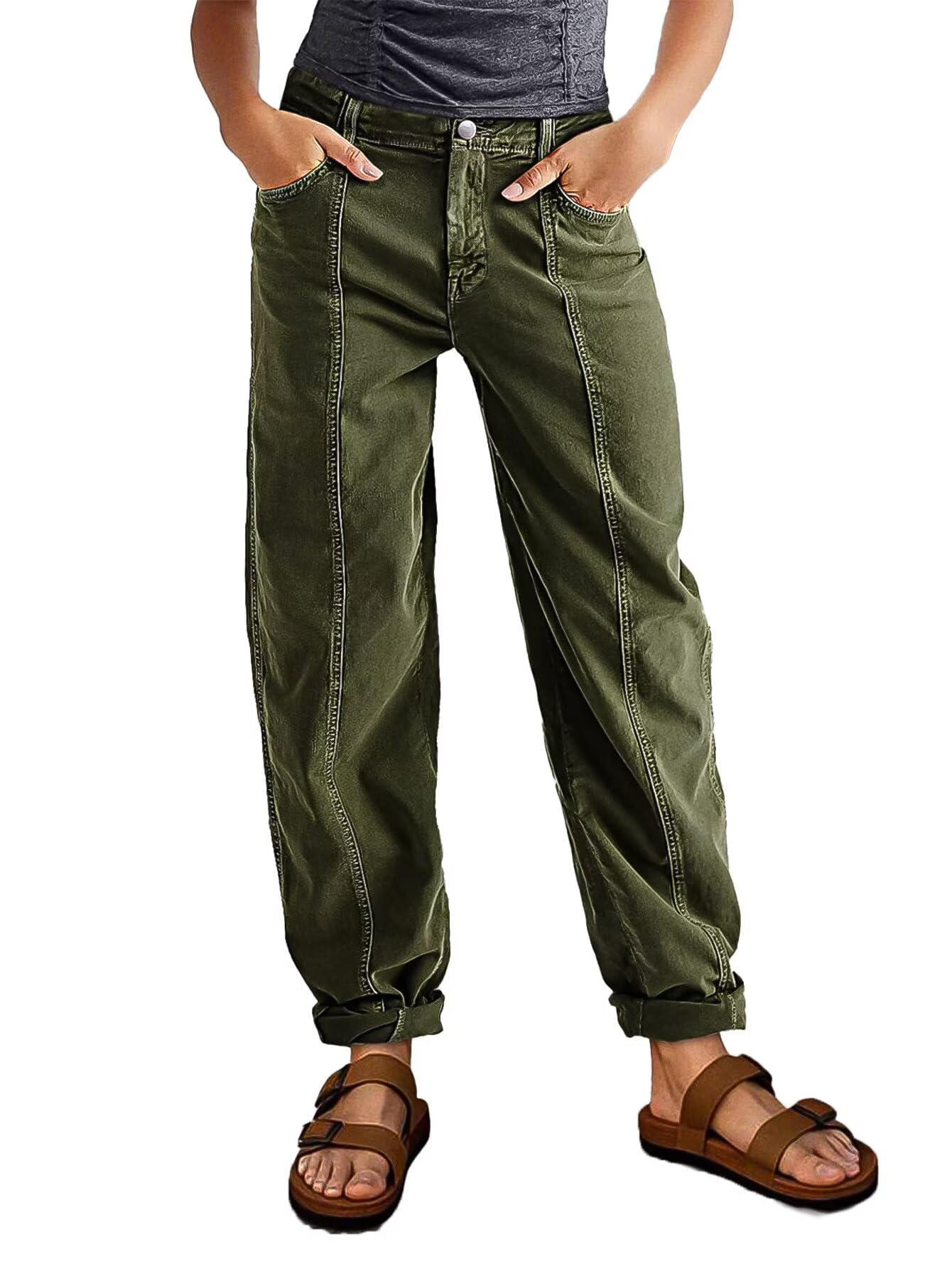 Flamingals Womens Straight Leg Pants Mid Rise Barrel Boyfriend Roll Hem Stitch Front Patch Pocket Cropped Pants