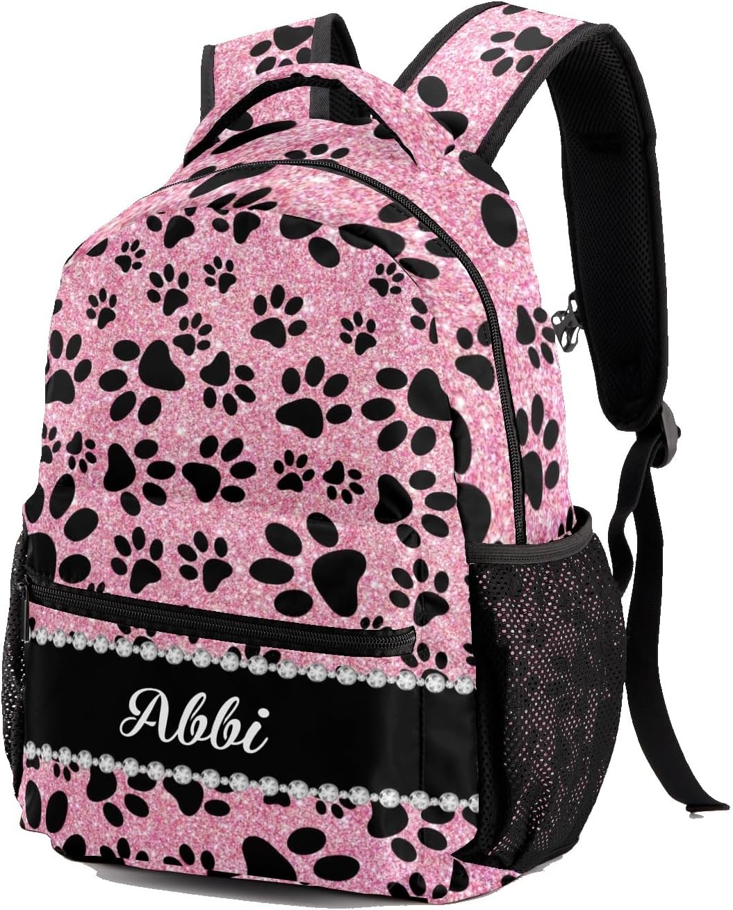 Custom Kid Backpack, Dog Paw Pink Glitter Print Personalized School Bookbag with Your Own Name, Customization Casual Bookbags for Student Girls Boys