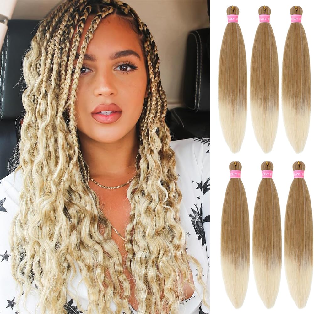 Braiding Hair,26 Inch 6 Pack Ombre Blonde Braiding Hair Pre Stretched Extensions for Women Synthetic Soft Yaki Texture Crochet Braids Hair Extensions(27/613#)