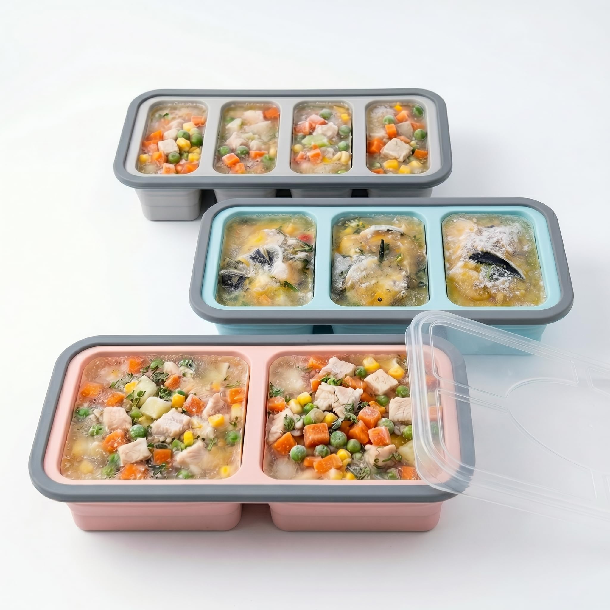 Ameinu 3-Pack Collapsible Silicone Soup Freezer Trays, Moulds for Meal Prep