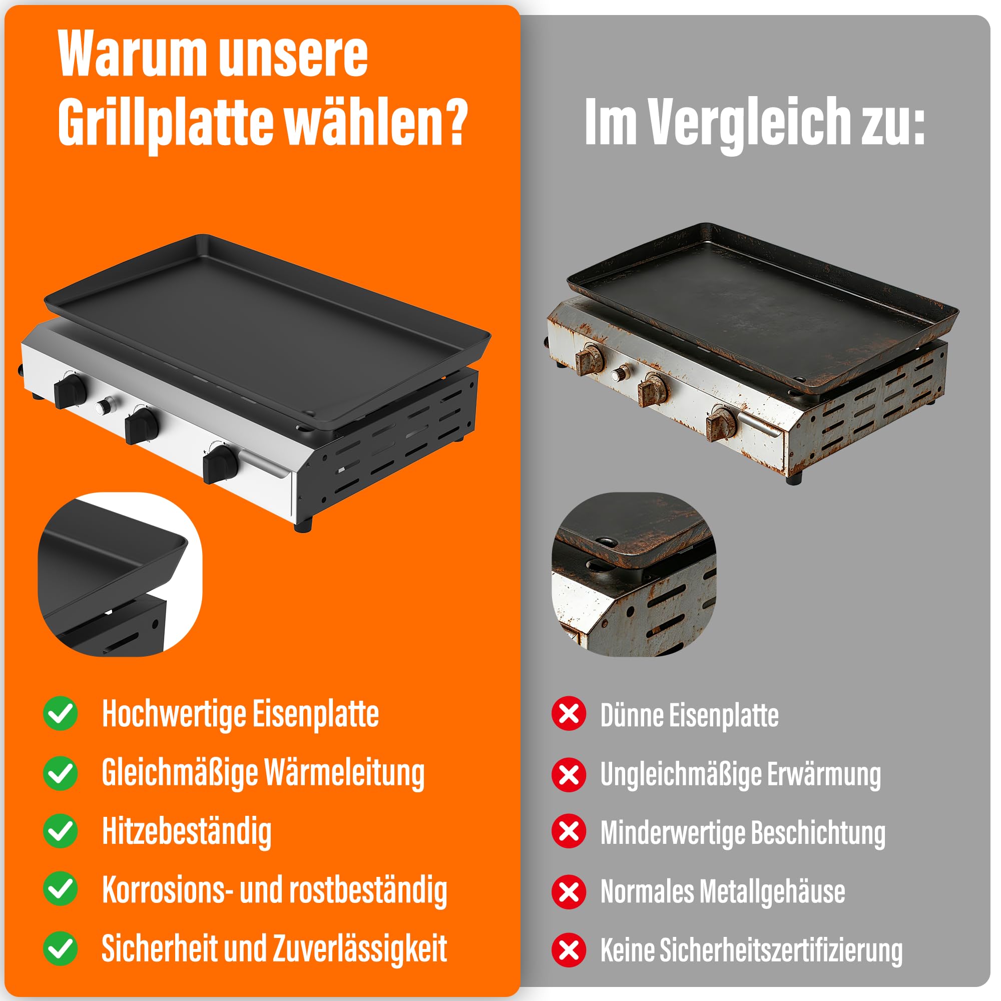 Veralune Gas Plancha, 3-Brenner Gasgrill 6,3 kW, 64*39cm großer Kochbereich | Grillplatte, Kompakt Tischgasgrill mit 50 mbar Druckregler, Keramikbeschichtung, für Butan/Propan, Garten, Picknick & Strand