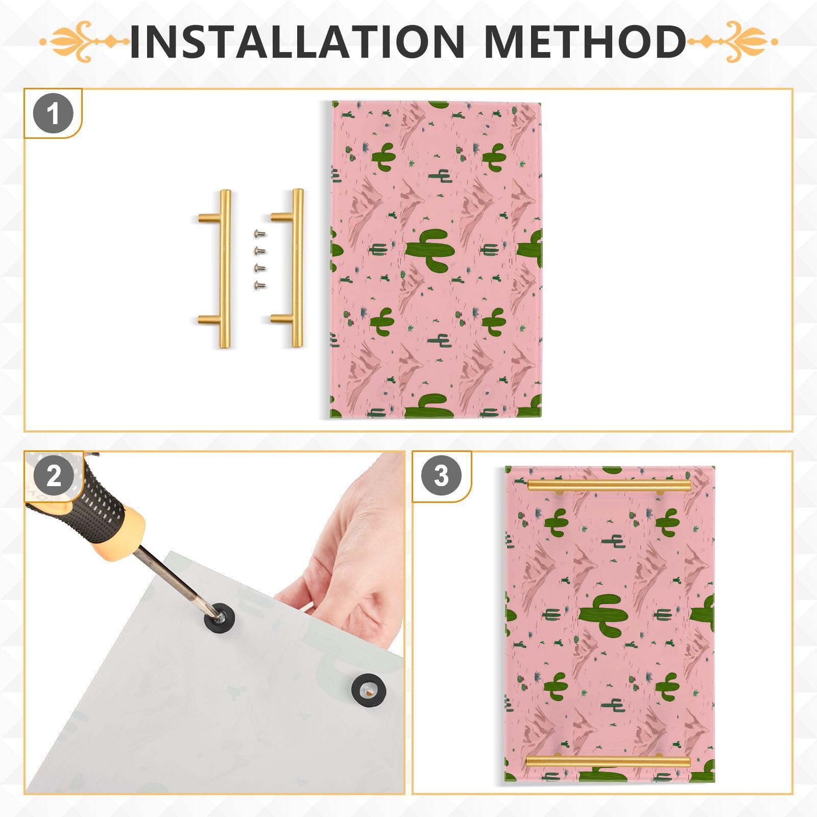 GUIJI Cactus Acrylic Tray, Perfume Cosmetic Jewelry Decorative Trays Bathtub Organizer, Living Room Kitchen Serving Tray with Gold Handles