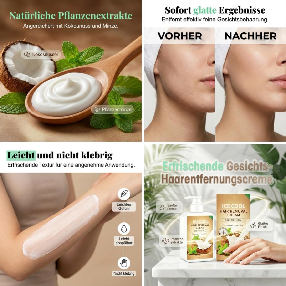 Enthaarungscreme Körper 150g,Sanfte Haarentfernungscreme mit Kokosöl,Schmerzfreie Haarentfernung Ohne Stoppeln,Haarentfernungscreme für Damen und Herren (3 Pcs)