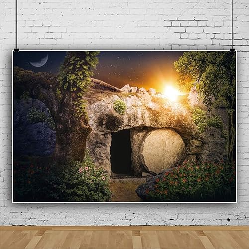 Miniatura 3 de DORCEV Fondo de fotografía de tumba de piedra vacía de 12 x 10 pies Crucifixión de Jesucristo Luces Santas Fondo de cruz Dios bendiga a Jesús