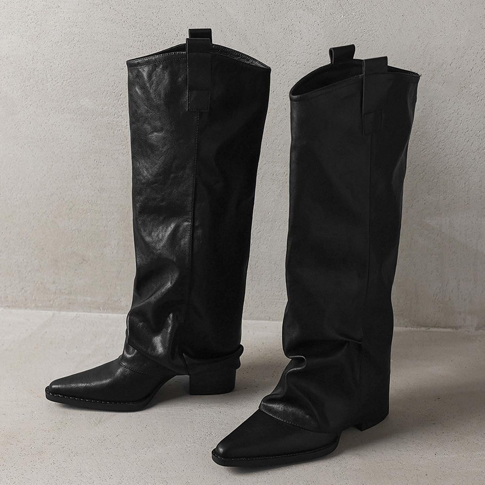 Botas por Encima de la Rodilla Botas Altas hasta la Rodilla de Cuero con Punta Puntiaguda y tacón Grueso: por Encima Modernas y versátiles.