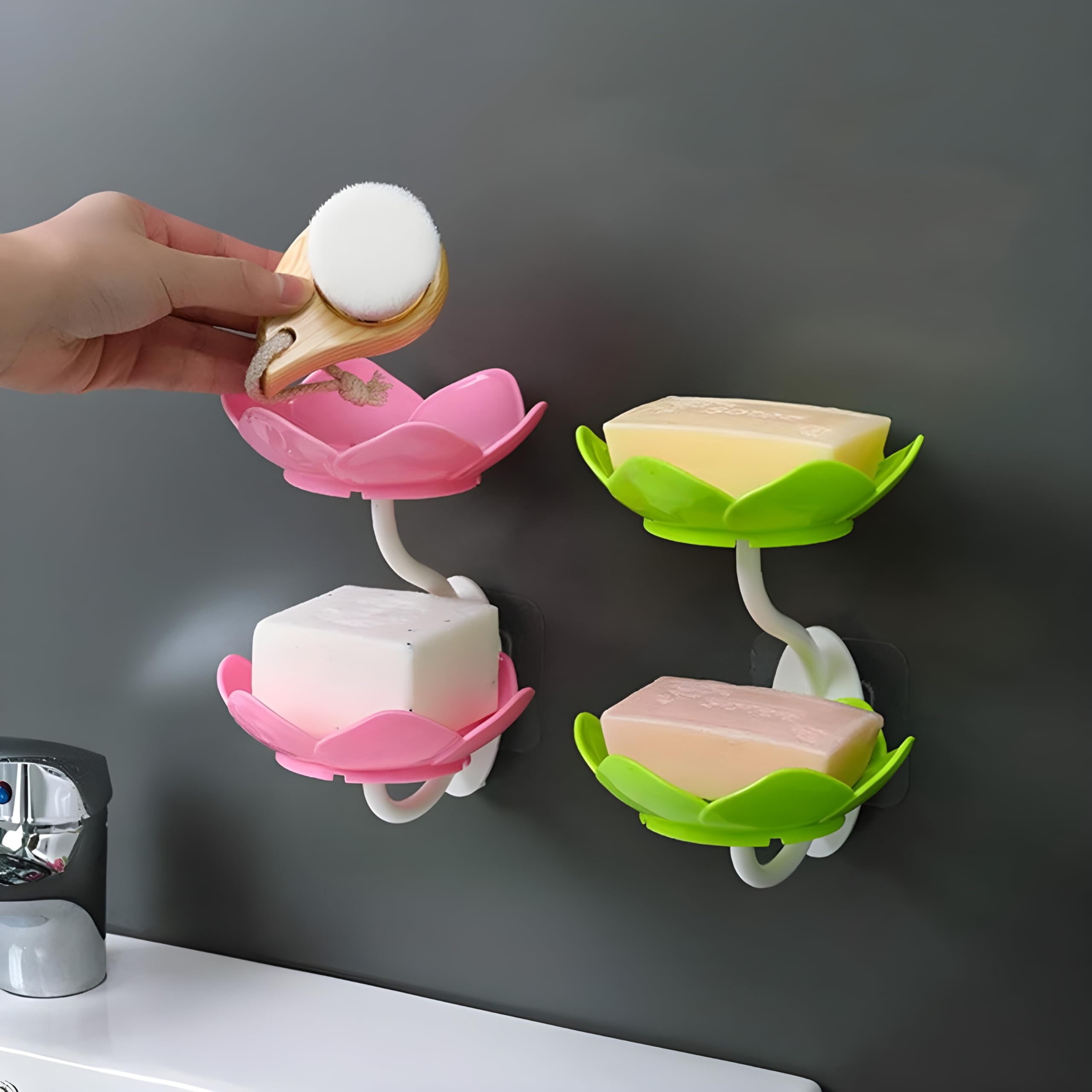Oblivion Soap Dish Holder | Flower Design Wall Hanging Soap Storage Rack for Kitchen Bathroom | Double Layer Self Adhesive Soap Stand with Magic Sticker | Wall Mounted Sponge Holder Sabundani- 1PC