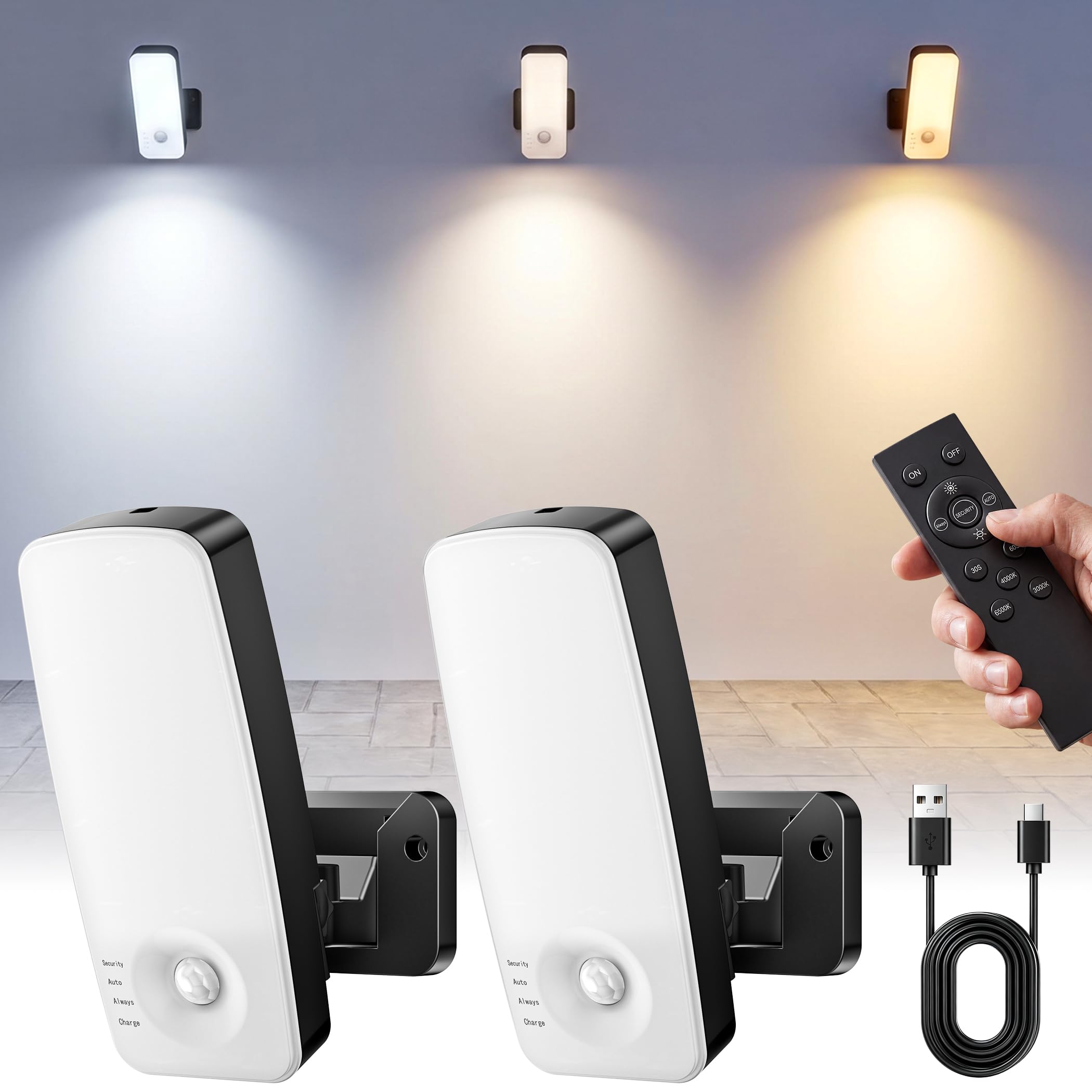 2 Stück Außenlampe mit Bewegungsmelder, 10000mAh Akku Außenleuchte, IP65 Außenwandleuchten, 3 Modi, 3 einstellbare Lichtfarben, Fernbedienung, Außenlampe für Veranda, Garage,Hof und Garten
