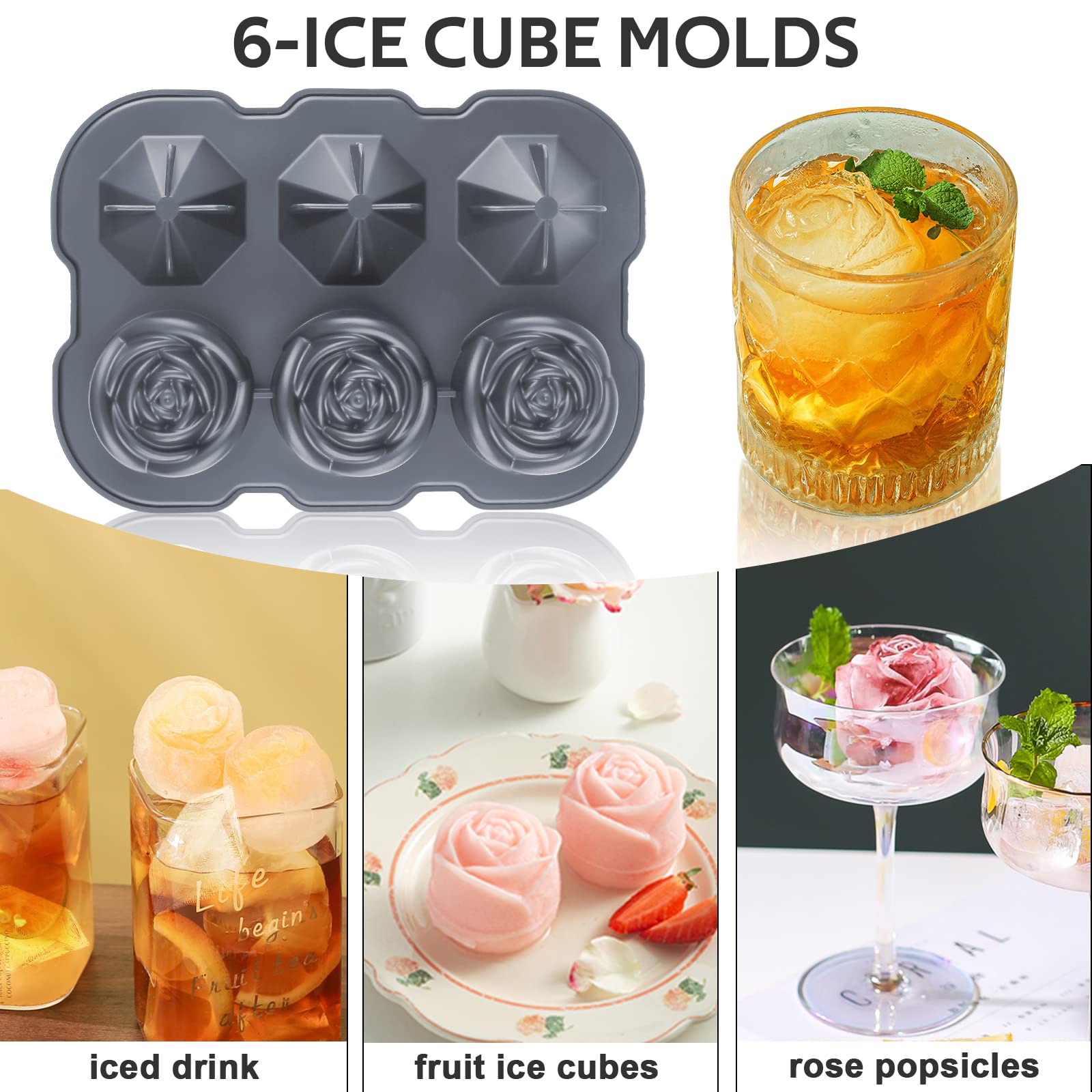 Bandeja de cubitos de hielo, bandejas de cubitos de hielo rosa de 2 pulgadas con tapas, bandeja de hielo de rosas de silicona de 3 cavidades y máquina de 3 bolas de hielo de diamante, forma 5