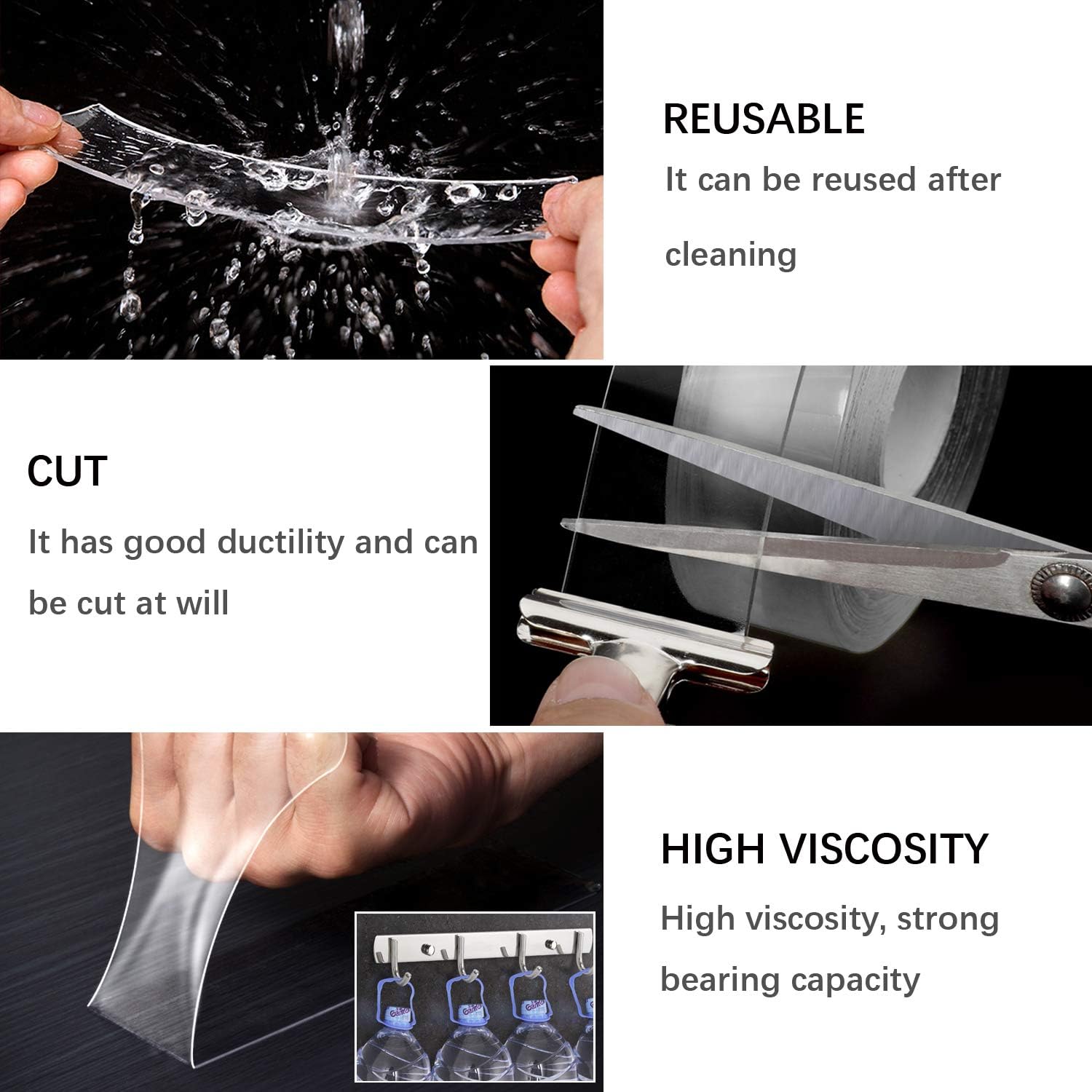 Double Sided Tape Heavy Duty (16.5ft), Removable Mounting Tape, Reusable Washable Traceless, Multipurpose Adhesive Tape, Strong Sticky Transparent Tape Nano Gel for Poster, Carpet, Home and Kitchen