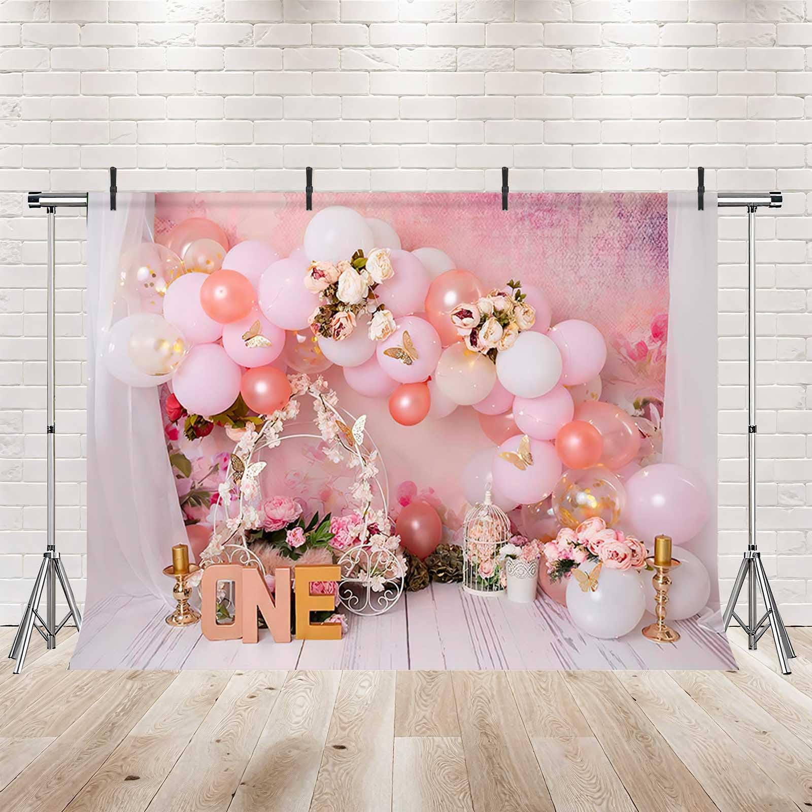 Valentines Birthday Backdrop MEHOFOND 7x5ft Pastel Pink Girl 1st Birthday  Background Banner Balloons Bird Cage Butterfly Flower Arched Background  Plate Party Decor Baby Portrait Headshot Backdrop, image size:1600x1600