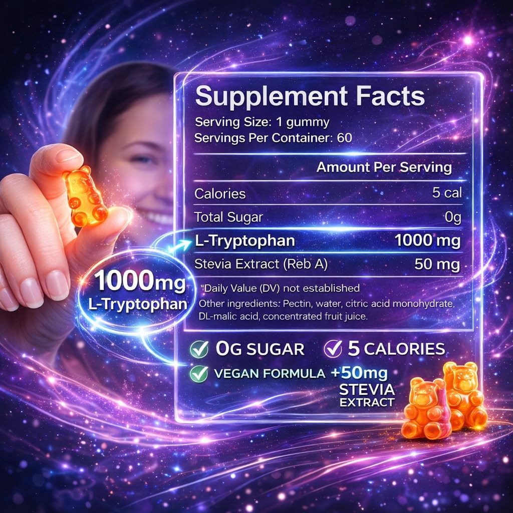 VAITE L Tryptophan 1000mg Gummies – Chewable Supplement for Positive Outlook, Calm Support & Inner Balance, 60 Vegan Gummy to Promote Restful Nights, Support Mental Focus & Encourage Peaceful Sleep