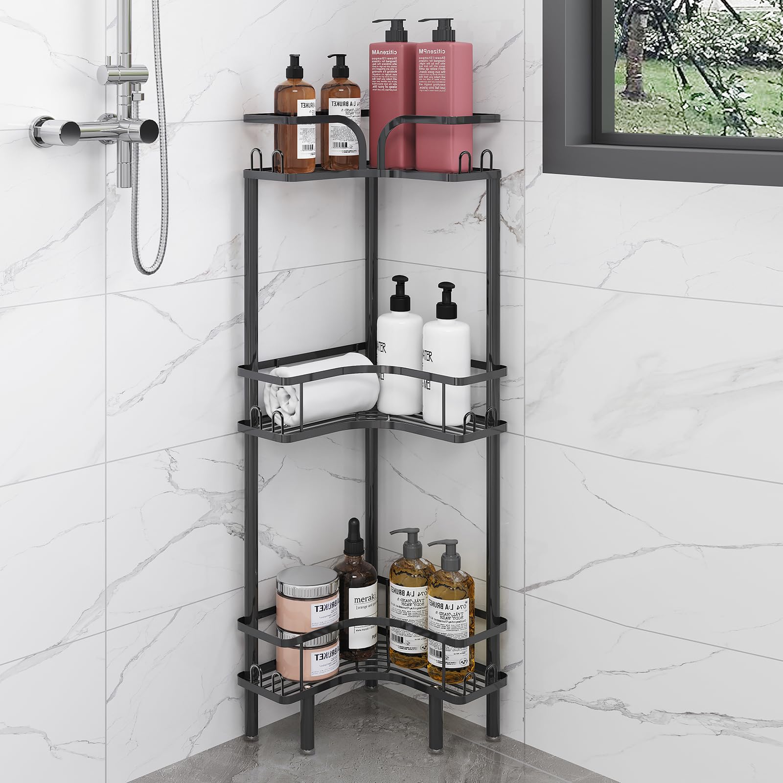 WOCUBEHOME Standing Shower Corner Caddy, 3-Tier Stainless Steel Material Shower Organizer with 12 Hooks - Space Saving Corner Shelf with Adjustable