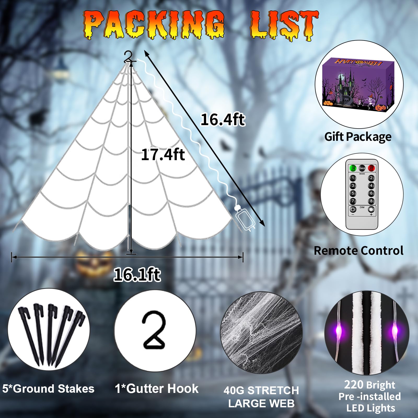 Halloween Spider Web Lights Outdoor Decor - 16.4ft 220 LED Purple Web, 8 Modes, Waterproof, Timer, Includes Stakes & Cobweb