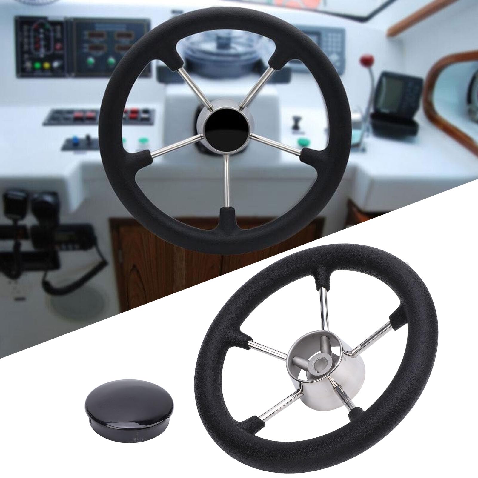 Volante de Dirección Marina de Acero Inoxidable de 11 - Rueda de Bote de Empuñadura de Espuma de 5 Radios 25 ° con Tapa Central, Se Adapta a un Eje Cónico de 3/4 para