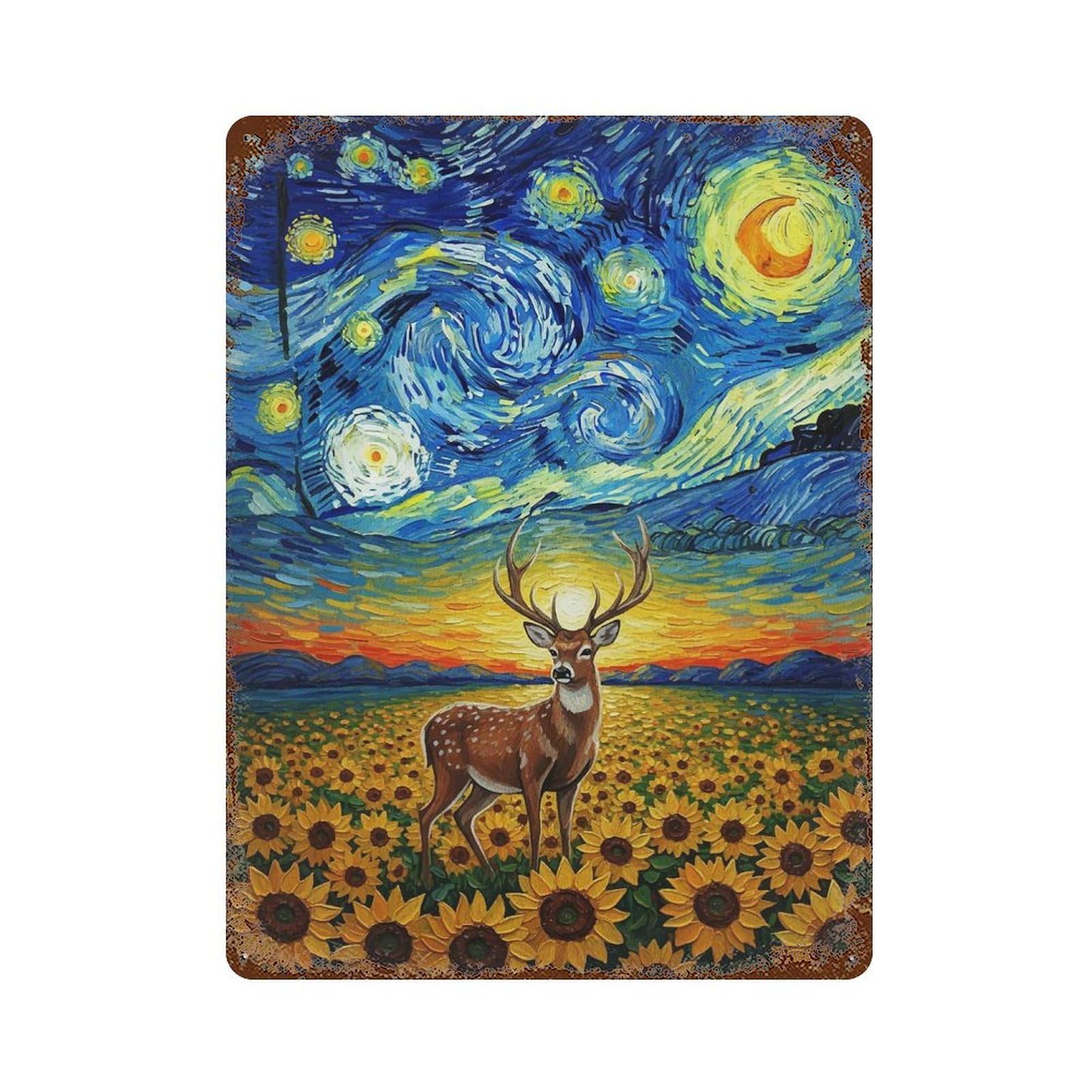 Distressed Metal Wall Sign with Deer in Sunflower Field, Starry Night Design 15.7"x11.8", for Shed, Workshop And Garage Wall Decor, Decorative Metal Wall Art