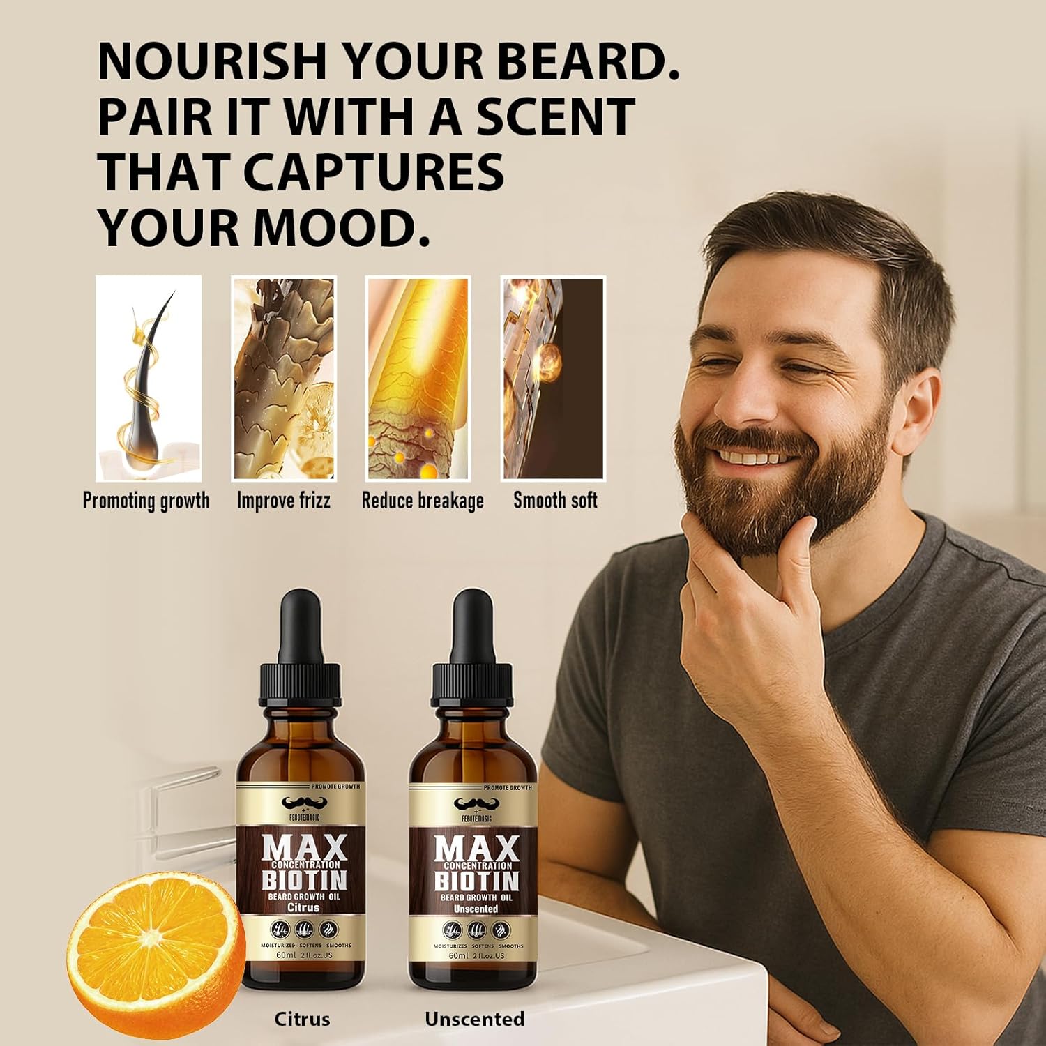 Biotin Beard Growth Oil for Men Set – 2 Pack Unscented & Citrus with Castor & Grape Seed Oil for Fuller, Softer, Moisturizing Beard – Gift for Father, Husband, Boyfriend – 4 oz - Image 6