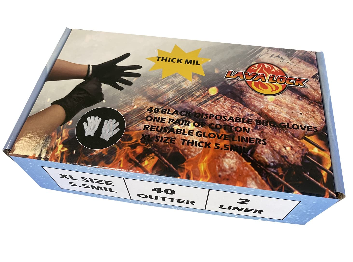 LavaLock Heavy Duty Thick 5.5 Mil Black Disposable Nitrile BBQ Gloves with 2 cotton liners for outdoor cooking and BBQ