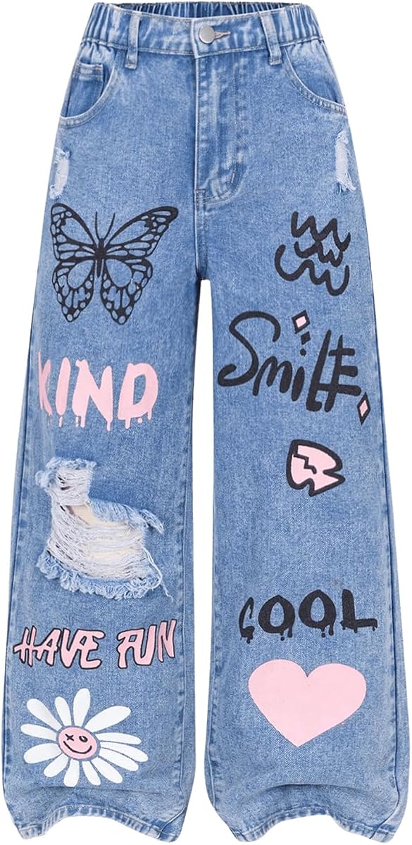 Floerns Pantalones vaqueros holgados rasgados con estampado de corazón para niña, pantalones vaqueros rectos de pierna ancha