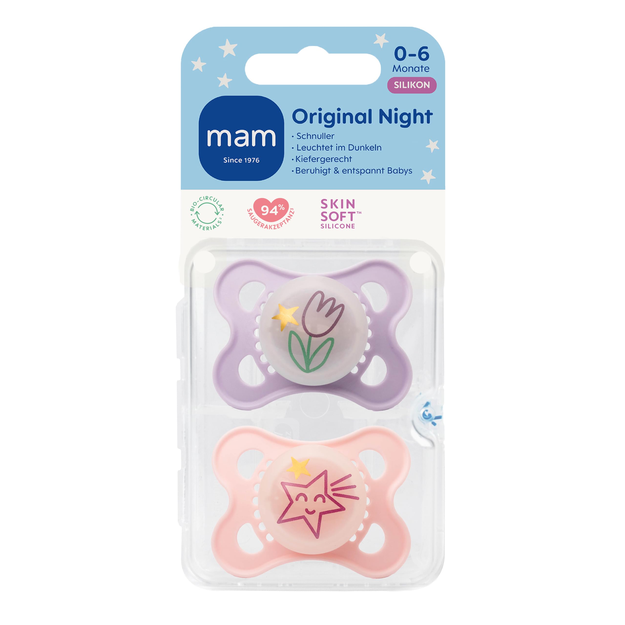 MAM Original Night Schnuller, 0-6 Monate, Tulpe/Stern, 2 Stück – Ansicht 2