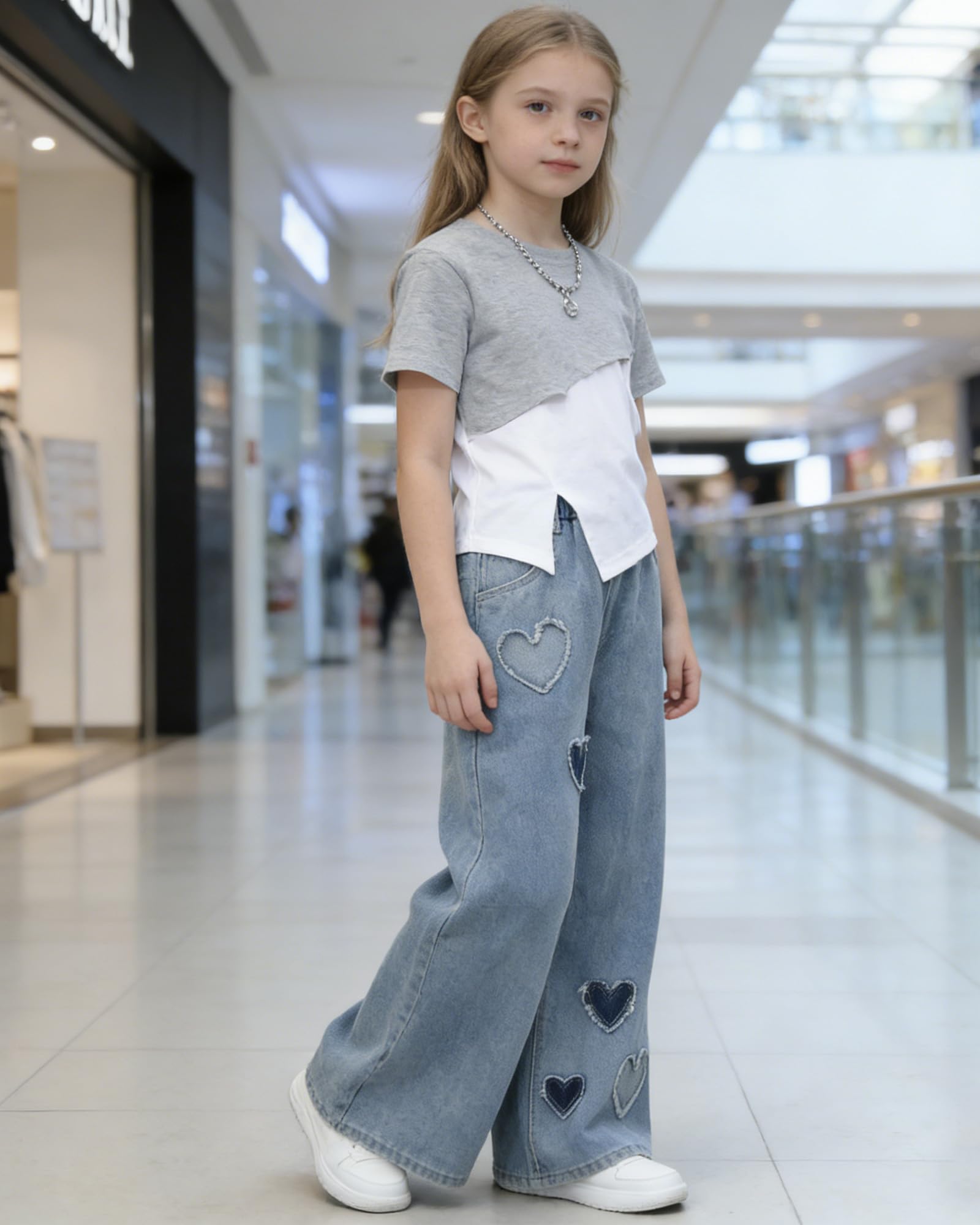 SANGTREE Girls Wide Leg Jeans Elastic Waist Denim Pants Baggy Jeans for Girls, 6-14 Years