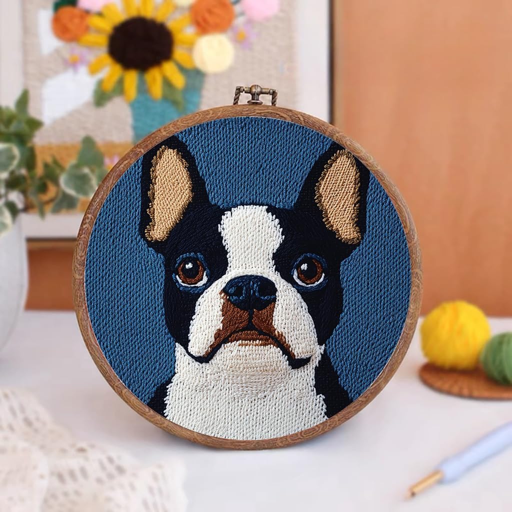 DIY Punch Needle Kits Cute Boston Terrier Dog Easy for Beginners Printed Punch Needle Starter Set for Craft Lovers with Hoop for Home Decor 20x20cm-5