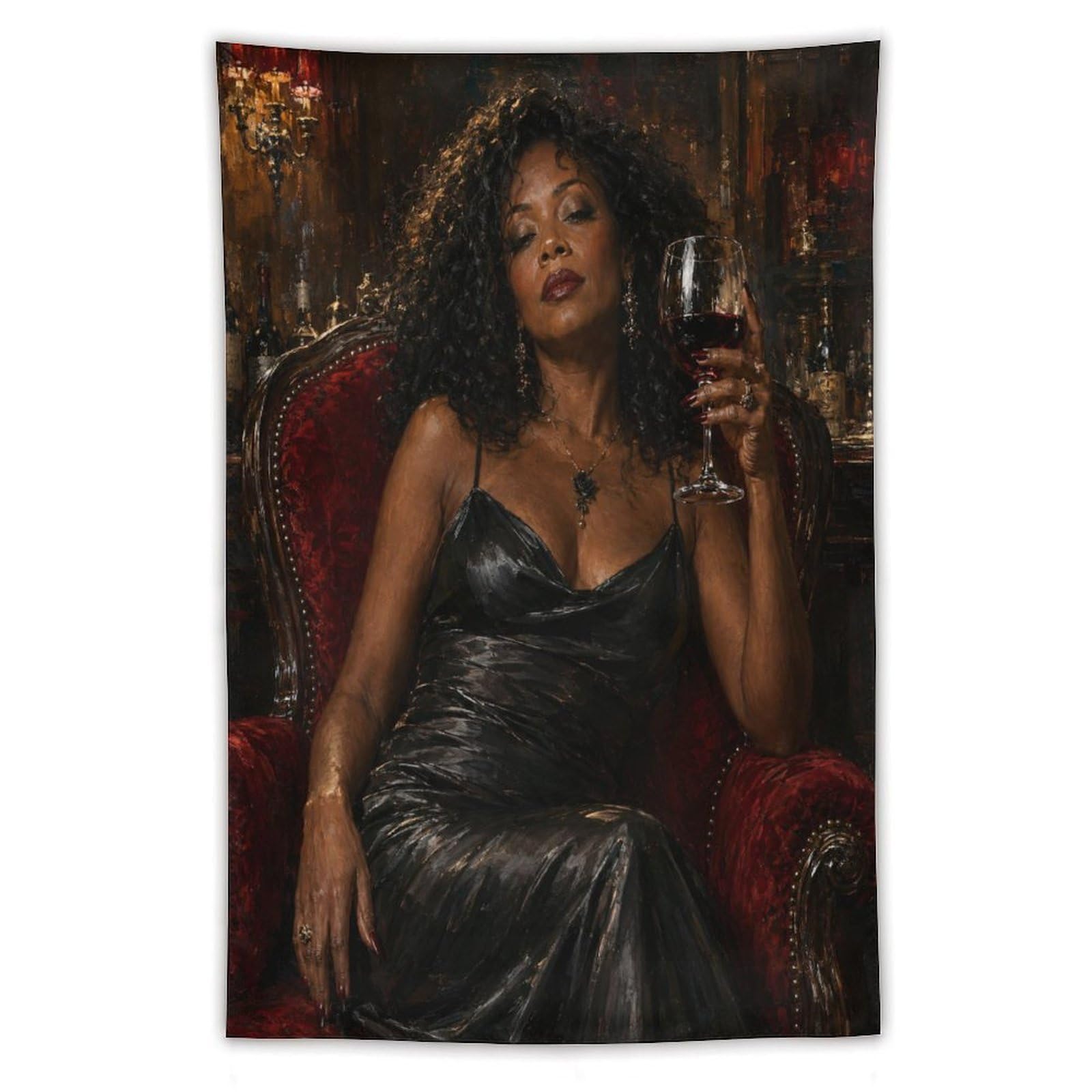 W7C8U2X3 Elegant Black Woman Wine Glass Wall Tapestry, Oil Painting, Office